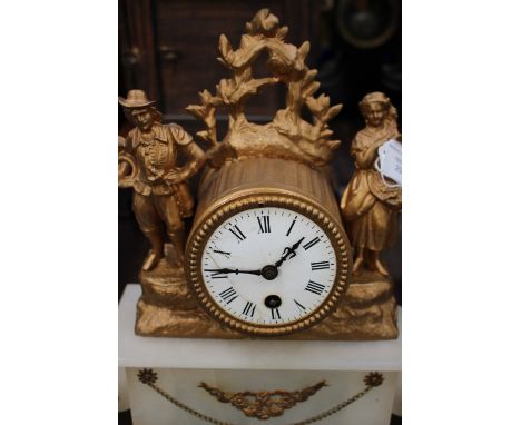 A 19th Century gilt cased mantle clock, having a single winder hole raised on a marble base, having cast figures to each side