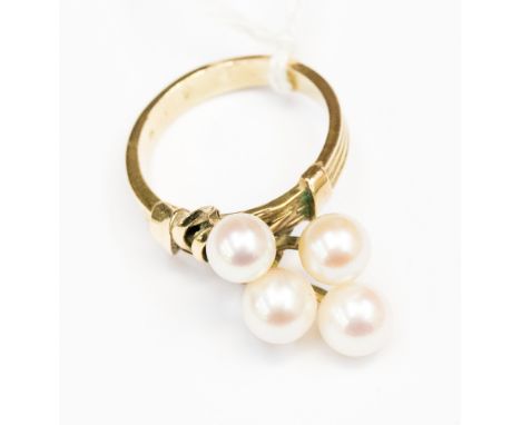 A yellow metal and cultured pearl ring, size Q, possibly 14ct gold impressed M within shank. total gross weight 7.1gms 