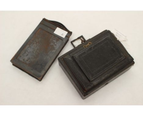 A Victorian quarter plate folding camera, stamped DF, with glass plate case 