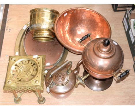 An Arts and Crafts copper bowl hand hammered; together with a 19th Century samovar, a brass planter, a copper kettle, a brass