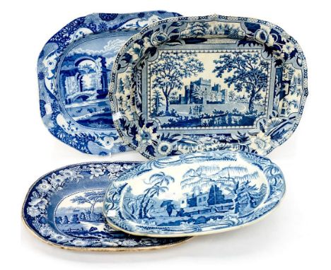 A Spode blue and white charger, with three further blue and white charges 