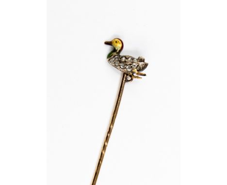 A Victorian novelty diamond, enamelled and yellow metal stick pin, designed as a swimming male Mallard duck, the body set wit