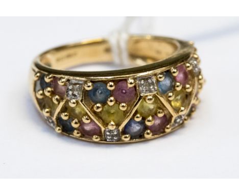 A Multi coloured sapphire and white diamond ring set in 9ct gold size N½ total gross weight 5.2gms