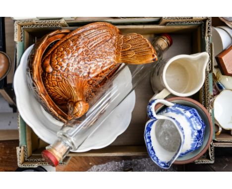 Portmeirion chicken egg box, Pyrex rolling pin, Denby tube lined vase, Wedgwood 'Ferrara' jug, including another jug and bowl