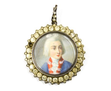 A portrait miniature with depicting a stylised Nelson, paste set mount together with a piece of wood bearing the note "from t