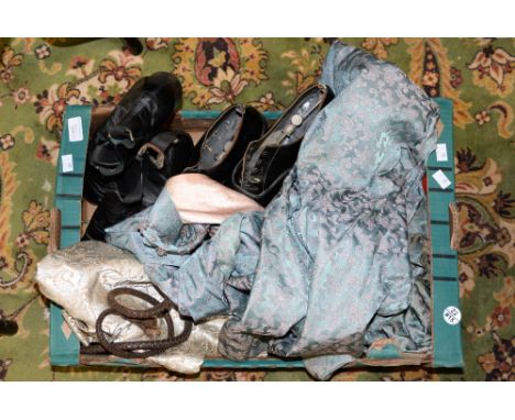 A pair of black leather men's boots 1950/60s - a large gold brocade 1960 dress - a blue and pink brocade late 1950s Every dre