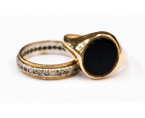 A Gents 9ct gold signet ring set with an oval 12x9 black onyx, ring size R½; together with a diamond chip full eternity ring 