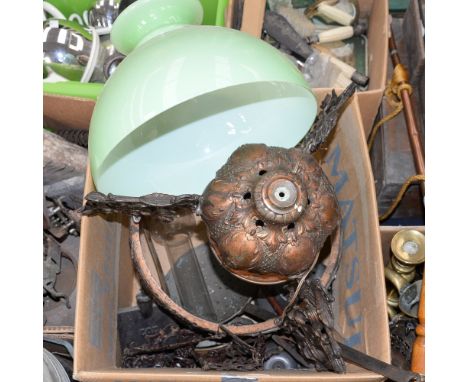 A Dutch oil lamp style ceiling light and glass shade; together with pewter wares and tools (one box and shade) 