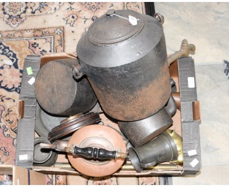 A copper kettle, cast iron kettles, cast iron samovar, brass pigs, carved wood barometer, pewter jugs and plates, etc (one bo
