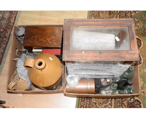 A set of cased scales, with Doulton Lambeth flagon, assorted bottles, lamps etc (2 boxes)
