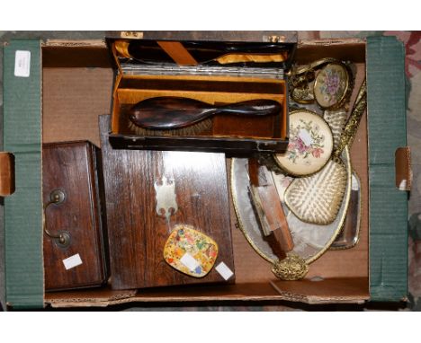 A 19th Century tea caddy, boxed hair brush set, dressing table set, writing box and picture frame 