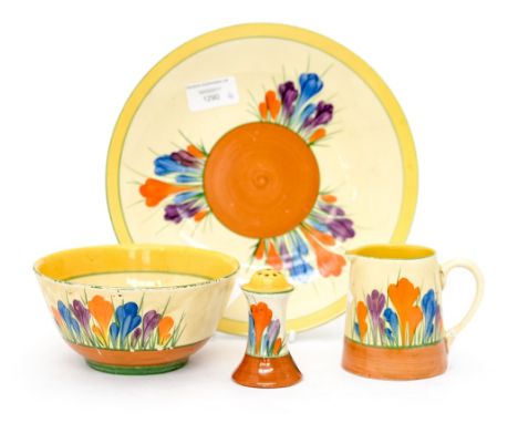 Clarice Cliff 'Crocus' pattern, plate, jug, bowl a/f and pepper (4)