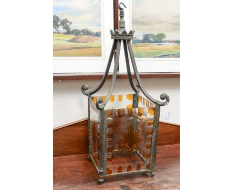  An early 20th Century iron and flash cut glass ceiling lamp shade with fixtures for oil lamp fitting