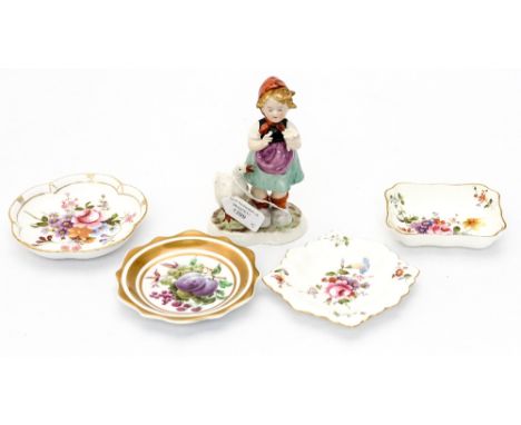 An early Hummel style figurine in porcelain 136 model No Pressing Germany, three Derby posies, pin trays and another pin tray