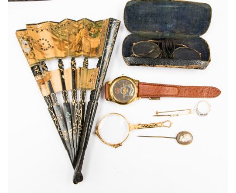 A pair of cased Pinz Nex, a shell cameo stick pin with yellow metal surround, a magnifying glass, an Air Force wristwatch etc