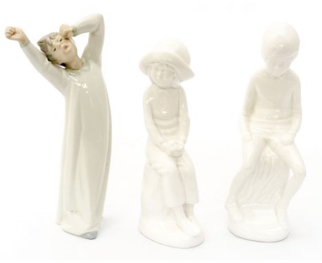 Two Spode figures, by Pauline Shone, Simon and Joanna, together with a Nao figure of a yawning boy