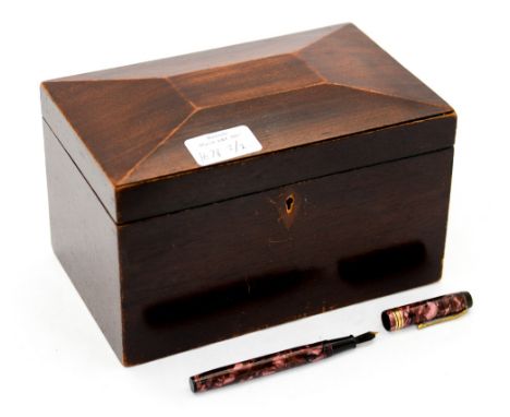 A Conway Stewart fountain pen, having 14ct gold nib, with a Mahogany tea caddy (2)