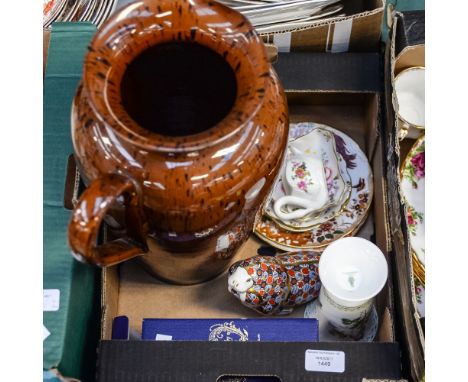 A large brown Denby jug, Royal Crown Derby Walrus, two Royal Crown Derby tea plates, Crown Derby dish and four other ceramic 