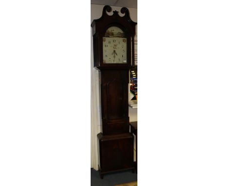 An early 19th Century mahogany longcase clock, the white dial with Arabic numerals, the hood with a swan neck pediment, compl