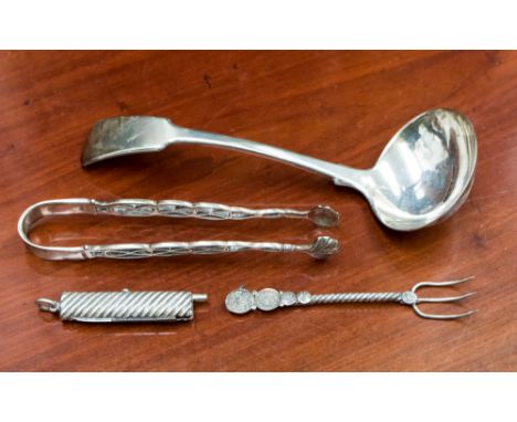 A white metal cased penknife, white metal sweetmeat fork, white metal sugar tongs and a silver plated ladle 