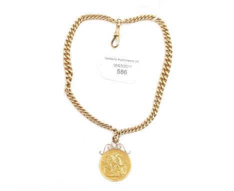 An 1887 two sovereign coin mounted onto a pendant arch (fixed) with a nine carat gold watch chain, approx gross weight 60.3gm