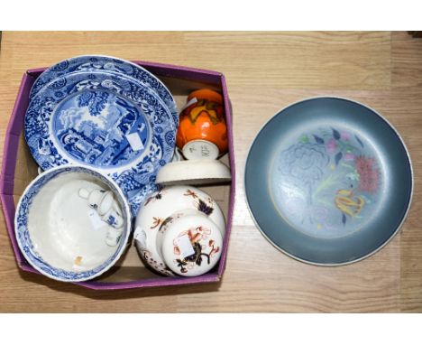 Spode Blue Italian flower pot holder, flan dish, eight tea/dessert plates, together with Coalport ginger jar thimbles/bells, 