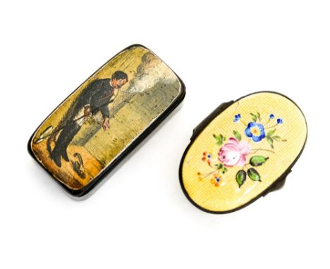 A George III patch box with hand painted decoration on a laquered ground, together with an enamelled patch box, with floral d
