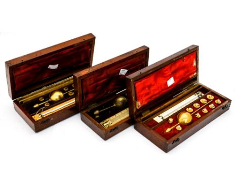 Three cased Sikes Hydrometers, one Loftus Ltd 321 Oxford Street, London, one Farrow and Jackson, London, one T.O. Blake, Hatt