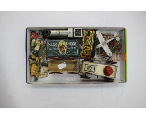 Britains farming pieces and vehicles, with assorted military and tinplate, and a clockwork Louis Marx & Co yank (1 box)