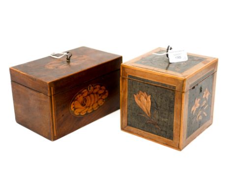 A Georgian inlaid tea caddy and contents (monetary shells) together with a parquetry tea caddy (2) (af) 