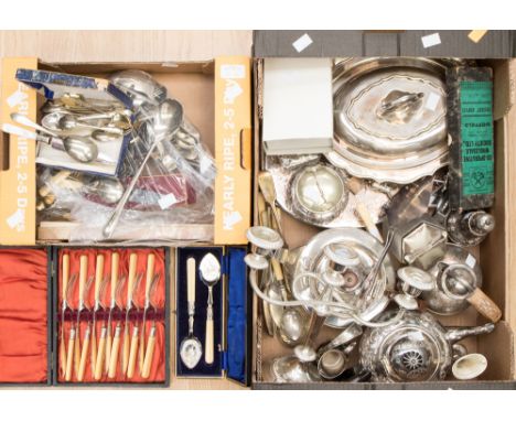 Two boxes of EPNS and plated wear, to include entree dish and cover trays, cutlery, candelabra, milk jug, preserve jars, inkw