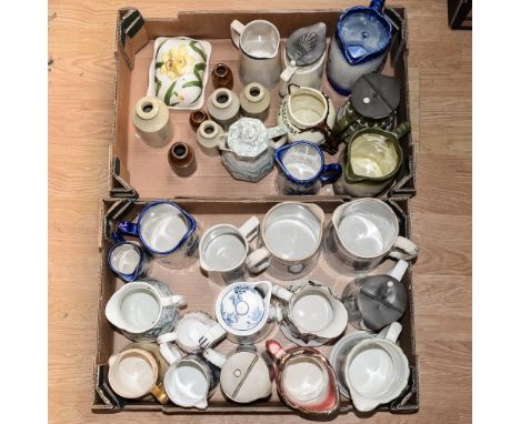 Two boxes of assorted ceramic jugs, mostly late 19th and early 20th Century, some hand painted, etc 