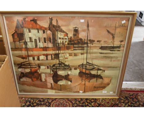 A framed and glazed print, Boating scene, with a framed bevelled edge mirror (2) 