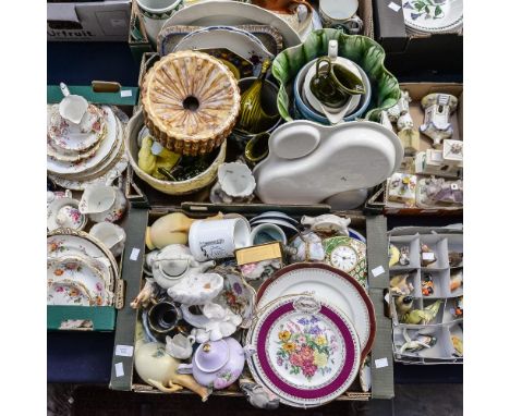 Two boxes of assorted ceramics, including Wedgwood jardinieres, various plates, Masons mantle clock, mugs, jugs, etc 