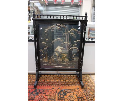 A large hardwood firescreen, having Chinese silk embroidered scene 