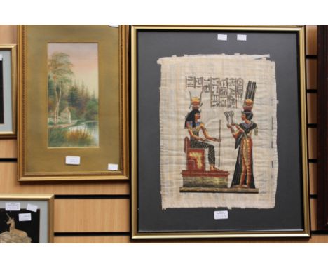 A watercolour of a lake side cottage, signed lower right O.D, Hammersley; together with an Egyptian print (2) 