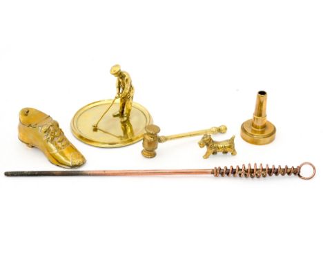 Brassware. a shoe inkwell, golfing figure, gavel, fire iron, etc 