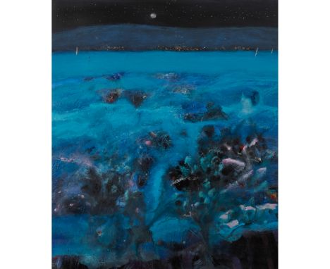 § CHARLES MACQUEEN R.S.W., R.G.I. (SCOTTISH 1940-) UNTITLED (SEASCAPE NOCTURNE) Signed lower right, oil and mixed media on bo