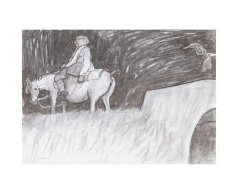 § ALEXANDER GOUDIE (SCOTTISH 1933-2004) "BUT LEFT BEHIND HER AIN GRAY TAIL", SKETCH FOR TAM Signed lower left, charcoal(41cm 