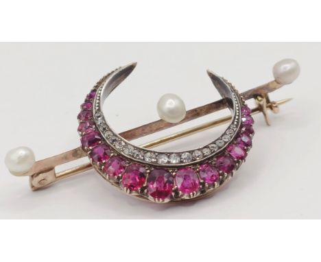 A ruby, diamond and pearl crescent brooch