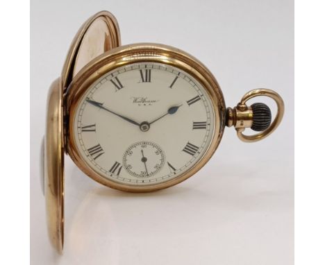 A 9ct gold Waltham half hunter pocket watch97.7 g all in, 52 mm outer case diameter