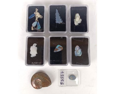 Various carved pieces of opal, an ammonite, and an opal doublet