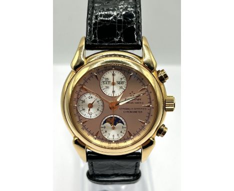 A gentleman's 18ct gold Eterna Matic Chronometer wristwatch, with date dial, day and month aperture, hour dial and moon phase