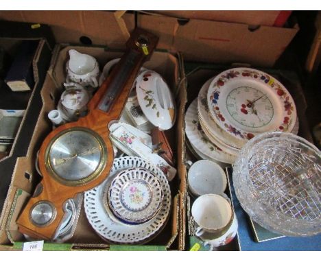 Two boxes of assorted sundries, to include barometer, cut glass bowls, boxed Minton and Royal Worcester, Dresden plate, etc.