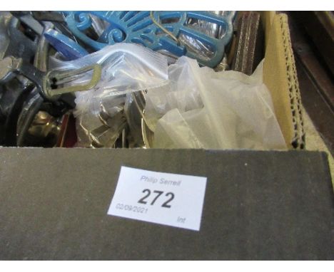 A box of assorted metalware to include scales, flatware, book stand, etc.