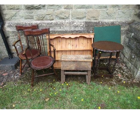 A collection of furniture to include Art and Crafts style chairs, work bench, rack, table and a card table