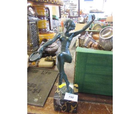 An art deco figure of a girl with a tambourine, stamped Fayral to the foot, raised on a marble base,&nbsp;figure height 9ins,
