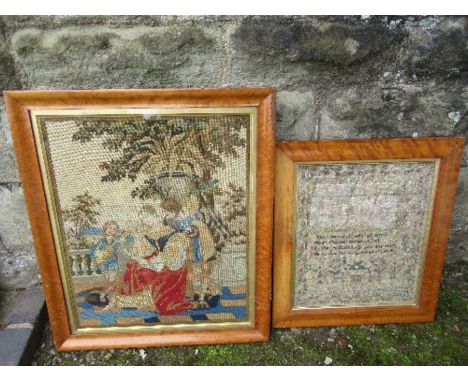 A 19th century sampler with maple frame, together with a tapestry&nbsp;with maple frame