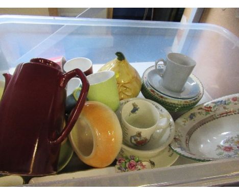 A box of assorted china, to include Peter Rabbit, Spode, Royal Adderley, etc.