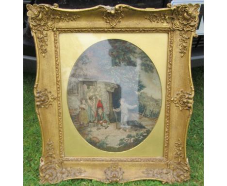 A Victorian oval tapestry picture, of figures outside a cottage, maximum diameter 14ins, together with a 19th century colour 
